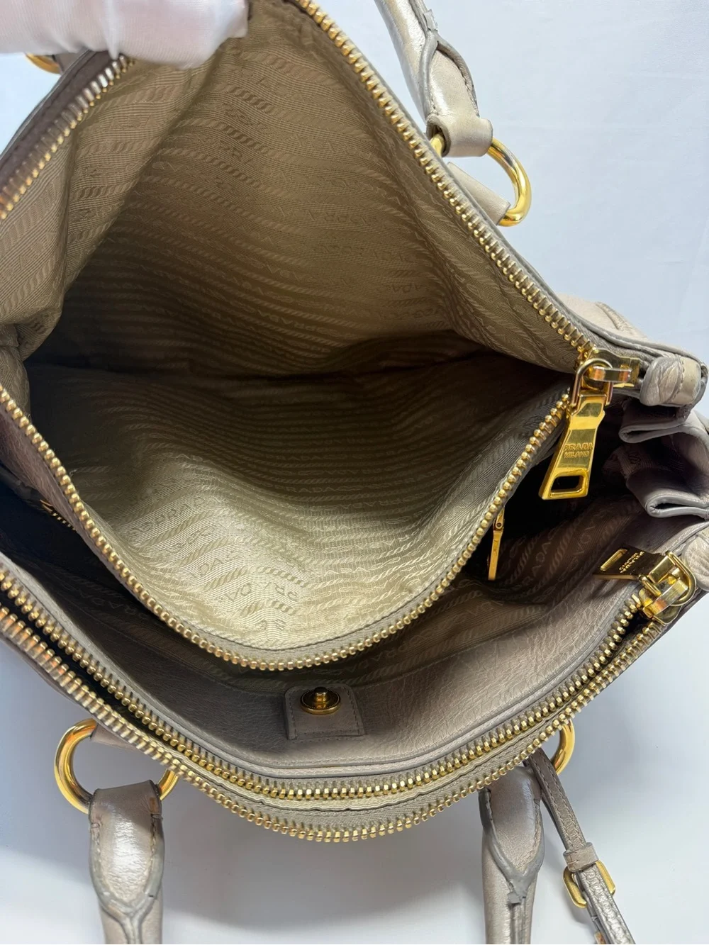 Prada Metallic Taupe Leather Satchel with Gold Hardware